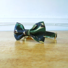 Load image into Gallery viewer, gone to the dogs camo tiger camouflage dog bowtie bow tie collar front bow cute bow tie dog fashion spring 2021 collar brass trim luxe.jpg